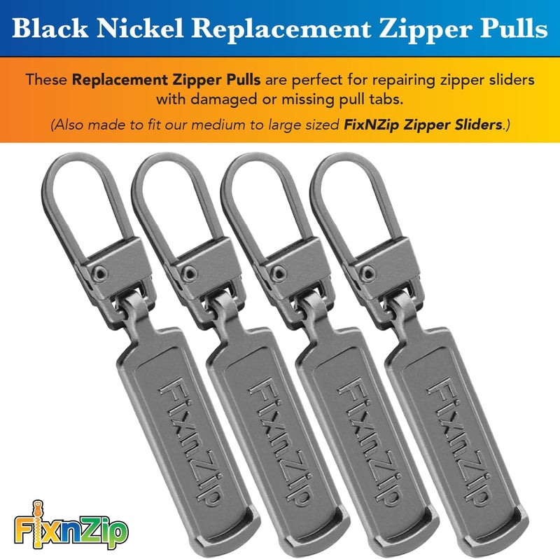 FixnZip Medium to Large Black Nickel Zipper Pull Replacements (4-Pack) | Universal Clip-On Pull Tabs for Zipper Repair, Sliders & Luggage, Jackets, Backpacks, Tents, Sleeping Bags & Outdoor Gear - Image 2
